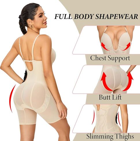 Backless Deep U Plunge Bodysuit for Women Tummy Control Full Body Shapewear Strapless Mid Thigh Body Shaper in Kuwait