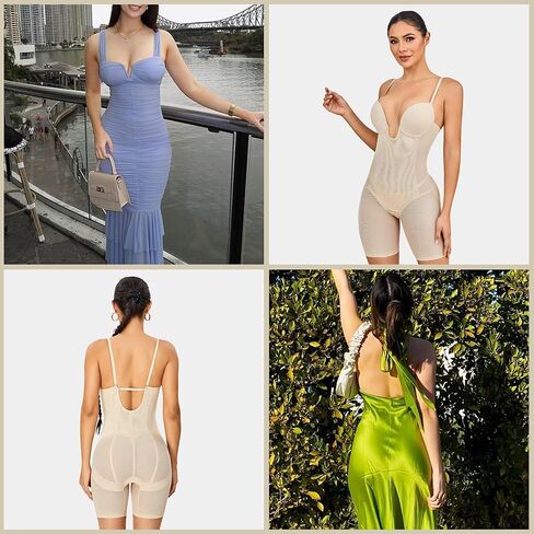 Backless Deep U Plunge Bodysuit for Women Tummy Control Full Body Shapewear Strapless Mid Thigh Body Shaper in Kuwait