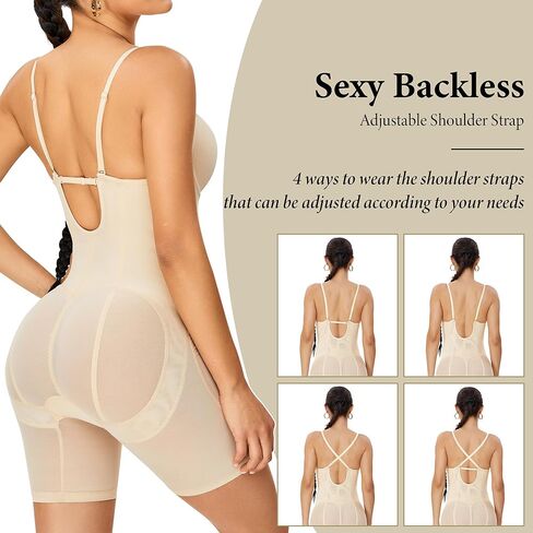 Backless Deep U Plunge Bodysuit for Women Tummy Control Full Body Shapewear Strapless Mid Thigh Body Shaper in Kuwait