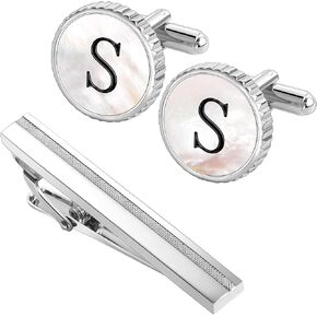 Mother of Pearl Initial Cuff Links Mens + Tie Clips for Men Bundle, Suitable for Wedding Anniversary Business Professional and Best Gift