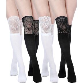 4 Pairs of Womens Lace Socks Thigh High Stocking with Lace Trim Lolita Boot Socks over Knee Silky Stockings