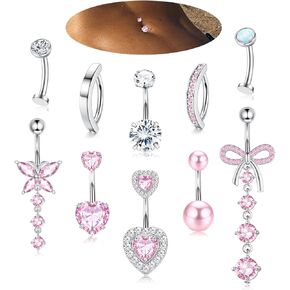LOLIAS 10 Pcs Gold Belly Button Ring -Dangle Surgical Stainless Steel Belly Rings for Women 14G CZ Heart Opal Clicker Floating Navel Belly Button Piercing Silver/Gold/Pink
