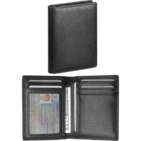 Bifold Slim Men Wallet Genuine Leather Thin, Fit 6-8 Cards, Several Cash (Fold Once), Small Vertical RFID Blocking Wallets for Men -Black