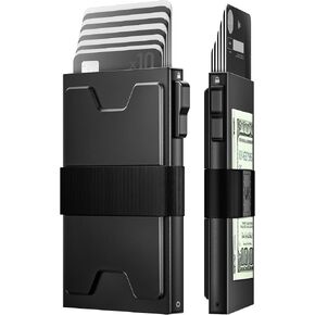 محفظة حامل بطاقة ضئيلة للرجال ، حظر RFID محفظة الحد الأدنى من الرجال ، محفظة منبثقة معدنية مع شريط نقدي (أسود)