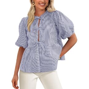 Prettygarden النسائية الصيفية التعادل القميص مخطط 2025 العصرية لطيف babydoll قمم أزياء peplum puffy sleeve بلوز