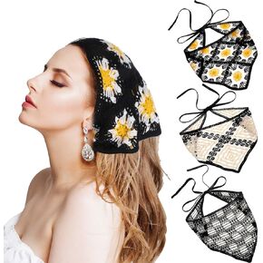 3 PCS Crochet Bandanas Floral Crochet Head Chargf Vintage Hair Bandanas Tie Tie -Dnetted Headscarf for Women's Hair The Hair Contling Decoring