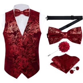 DiBanGu Mens Velvet Dress Waistcoat 6PCS Metallic Paisley Printed Suit Vest and Bowtie Set with Lapel Pin for Suit or Tuxedo