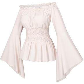 Womens Renaissance Long Sleeve Blouse Victorian Pirate Shirt Boho Tops Ruffle Smocked Waist Cosplay Costumes (Beige,S)
