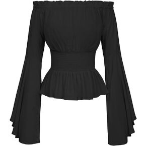 Womens Renaissance Long Sleeve Blouse Victorian Pirate Shirt Boho Tops Ruffle Smocked Waist Cosplay Costumes (Black,2XL)