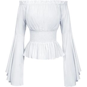 Womens Renaissance Long Sleeve Blouse Victorian Pirate Shirt Boho Tops Ruffle Smocked Waist Cosplay Costumes (White,S)