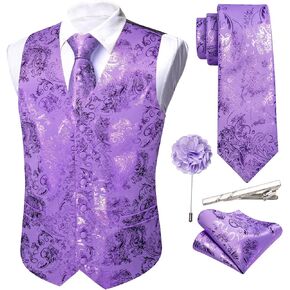 Barry.Wang Mens Shiny Disco Vests Party Nightclub Paisley Metallic Gothic Vest Tie Handkerchief Cufflink Clip Brooch 6PCS
