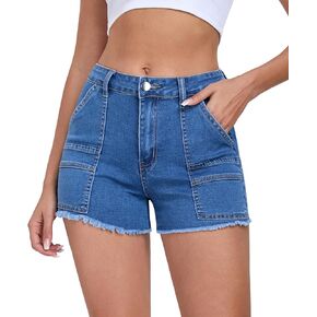 2025 Women's Stretchy Cargo Denim Shorts Mid Rise Jean Shorts Raw Hem Jorts with Pockets Short Jeans 3.5" Inseam