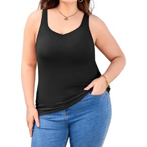 V FOR CITY Women Plus Size Tank Tops with Built-in Padded Bra Adjustable Strap V-Neck Camisole Cotton Cami Shirts 1X-4X