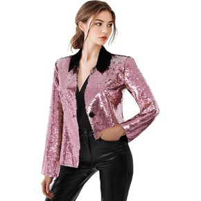 Women's Sequin Jackets Long Sleeves Single Button Casual Sparkly Coat with Pocket