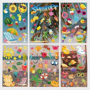 ​132PCS Summer Window Clings,Reusable Double-Sided Spring Summer Window Stickers,Reusable Static Beach Clings,Vibrant Seasonal Window Decals for Tropical Home Decor (9 Sheets)