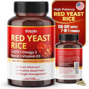 Ultra Red Yeast Rice with CoQ10, Omega 3 Niacin, Vitamin D3 for Overall Well-Being, Immune System Support - USA Made & Tested (150 Count (Pack of 1))