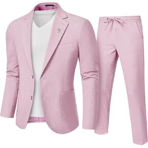 Hihawk Men's Linen Suit 2 Pieces Regular Fit, Two Buttons Lightweight Jacket and Pants for Beach Wedding, Summer Time, Prom