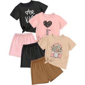 GORGLITTER Girl's 6 Piece Clothing Set Heart Graphic Short Sleeve Cute Tee Shirts and Shorts
