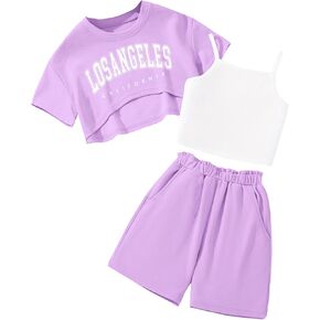 Girl's Summer 3 Piece Outfits Graphic Short Sleeve Crop Top Cami and Shorts Clothes Set