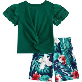 mksodop Girls Clothes 2-Piece Teen Girls clothes Lace Hollow Short-Sleeved Twist T-Shirt And Floral Short Girl Summer Outfits