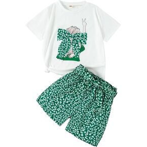 Girls 2 Piece Outfits Summer Clothes Ruffle Short Sleeve Shirts Top and High Waist Floral Shorts Set with Belt