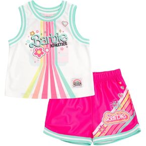 Barbie Girls Jersey Athletic Tank Top and Shorts Outfit Set Toddler to Big Kid Sizes (2T - 10-12)