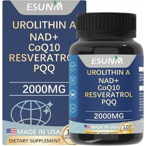 urolithin مكملة 1000 ملغ مع NAD+، CoQ10 ، ريسفيراترول ، ملحق PQQ للشيخوخة الصحية ، مضادات الأكسدة ودعم الميتوكوندريا ، 120 كبسولة - 30 حصص