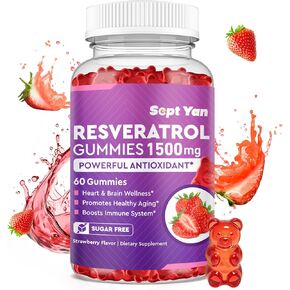 Resveratrol Gummies 1500mg - مكمل ريسفيراترول مع NAC ، فيتامين C ، E ، Quercetin ، Berberine ، CoQ10 ، مضادات الأكسدة ، الشيخوخة الصحية وطول العمر ، الجلد ، المفاصل ، العافية الدماغ - 60 Gummies