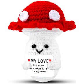 Positive Mushroom Gifts Love Support, Gifts for Her Him Friends Birthday Mother's Father's Day Wife Mom Dad Girlfriend, Crochet Mushroom Doll with Emotional Cards Cheer Up Desk Decors (My Love)