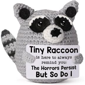 Emotional Support Raccoon, Tiny Handmade Positive Crochet Animal Plush, Motivational Encouragement Gift for Men, Women, Friend, Coworker, Bestie, Present for Birthday, Christmas, White Elephant