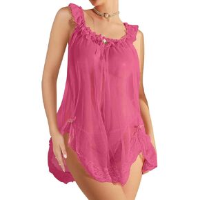 Sexy Bows Split Side Ruffle Lace Mesh Sheer Babydoll Lingerie Dress Set with Thong 2 Piece