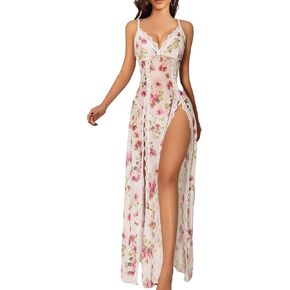Women Lingerie Lace Babydoll Chemise Nightwear Sexy Mesh Nightdress Side Split Nightgown