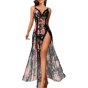 Women Lingerie Lace Babydoll Chemise Nightwear Sexy Mesh Nightdress Side Split Nightgown in Kuwait