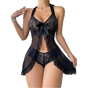 Wdirara Women's 2 قطعة من الدانتيل الشبكة الشفافة الداخلية Babydoll Lingerie مجموعة Bow Halter ربطة عنق الثوب مع ثونغ