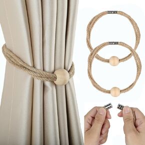 BEL AVENIR Jute Magnetic Curtain Tiebacks, Wood Bead Curtain Holdbacks for Window Drapery, Boho Farmhouse Curtain Tie Backs, Woven Curtain Ties Holder Rope Home Decor
