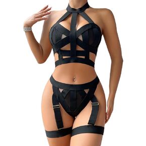 ليلوسي مثير chocker halter cutout strappy rave aspits usp up garter belt women women mesh lingerie set set harness bray panty