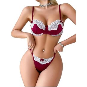 MakeMeChic Women's Two Piece Lingerie Set Floral Bow Lace Underwire Bra and Thong Panty Sets