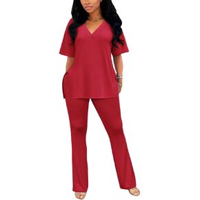acelyn Women's 2 Piece Outfits Summer V Neck Oversized Split Tops Flare Legging Pants Casual Tracksuit Lounge Sets Sweatsuits