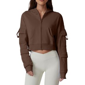 هوديس Qinsen للنساء الكامل zip up سترة اقتصاص الأكمام الطويلة مع جيب البضائع قمم البلوزات