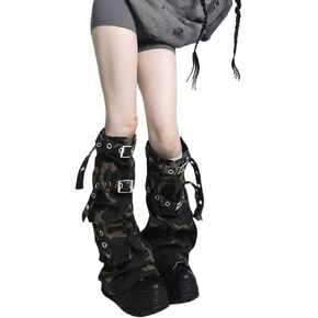 Leg Warmers Platform Combat Boots with Camo Print, Buckle Straps, Gothic Punk Style, Military Leg Warmers