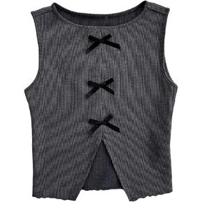 Verdusa Girl's Bowknot Ribbed Tank Tops Split Sleeveless Summer Going Out Tops