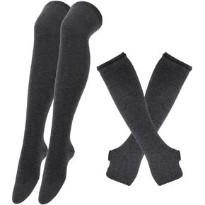 Eforcase Womens Striped Thigh High Socks Over Knee High Socks Leg Arm Warmer Long Fingerless Gloves Set for Christmas