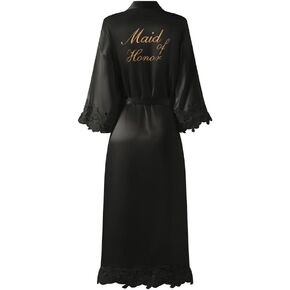 Women's Long Bride Bridesmaid Robes with Lace Trim Embroidery Bridal Silky Satin Kimono Wedding Party Bathrobe