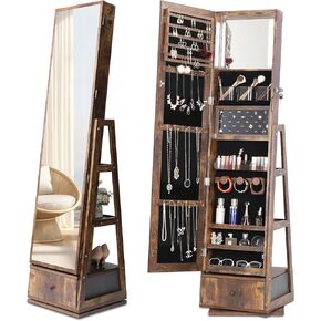 Nicetree 360° Rotating Jewelry Cabinet with Lights, Full-Length Mirror Jewelry Armoire Organizer with Touch Screen Vanity Mirror, Storage Drawers & Shelves for Necklaces, Earrings, Rustic Brown