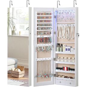GISSAR Full Length Mirror Jewelry Cabinet, 6 LEDs Jewelry Armoire Wall Mounted Over The Door Hanging, Jewelry Organizer Storage with Lights Lockable, White Surface with Beige Lining, 14.6" x 47.2"