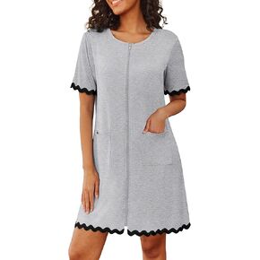 Ekouaer Women Zip Up Robe Lightweight Housecoats with Pockets Knee Length Short Bathrobes Soft Nightgown S-3XL