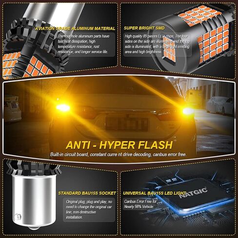 Amber BAU15S PY21W LED مصابيح LED أصفر CANBUS خطأ خالٍ من الإشارة الإشارة المدمجة في المقاوم المدمج لا يوجد فلاش HYPER لا يوجد خطأ في مصباح ضوء Blinker Light Marker Marker 2000lm 21W (حزمة 2) in Kuwait