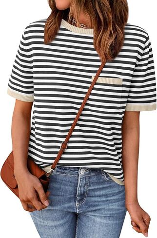 LILLUSORY Womens Striped Short Sleeve Sweater Pullover Shirts with Chest Pocket in Saudi Arabia