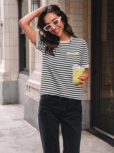 LILLUSORY Womens Striped Short Sleeve Sweater Pullover Shirts with Chest Pocket in Saudi Arabia