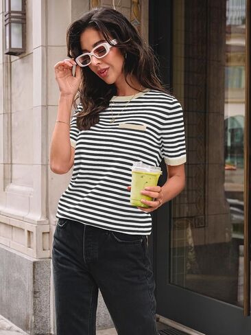 LILLUSORY Womens Striped Short Sleeve Sweater Pullover Shirts with Chest Pocket in Saudi Arabia